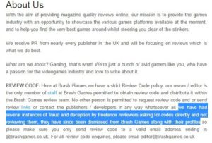 brash games accuses their ex-reviewers of review code theft
