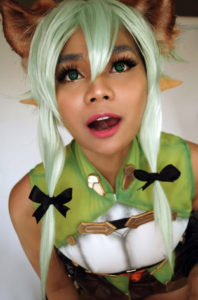 the fantastic namis cosplay as the high elf archer from goblin slayer a cute face pose