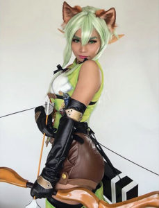 the fantastic namis cosplay as the high elf archer from goblin slayer a very serious pose