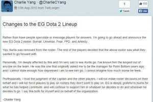 Charlie Yang on the EG DOTA 2 lineup confirmation